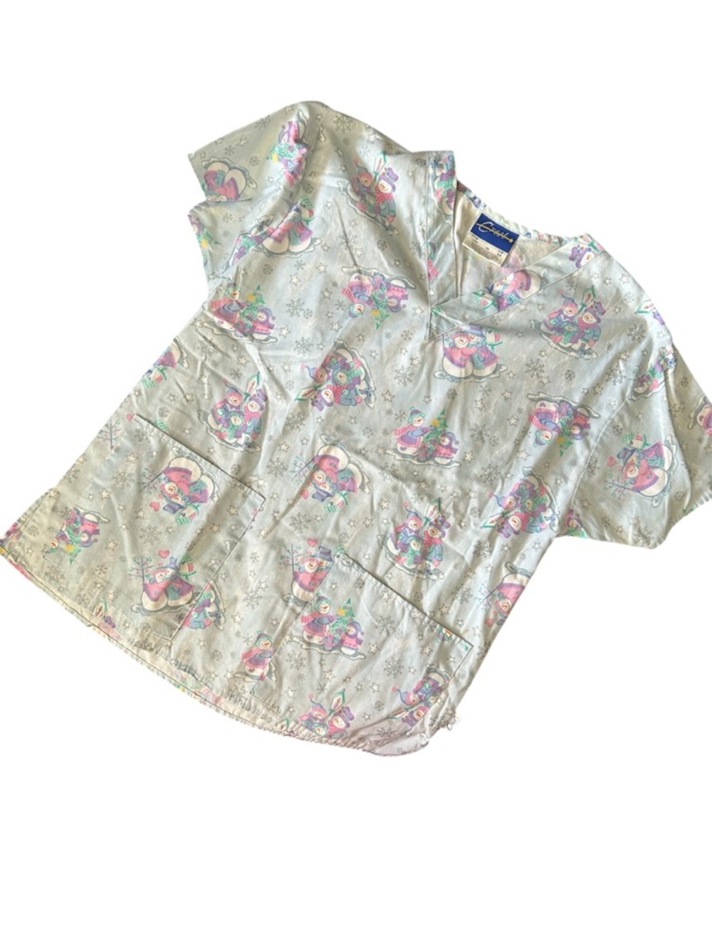 Snowman  Print Medical Scrub Top - Pastel Multi